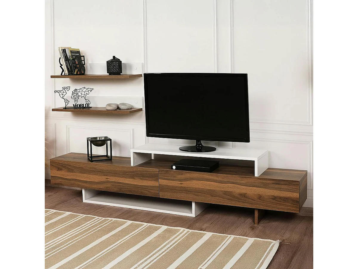 Ensemble meuble TV moderne décor noyer et blanc (3 pièces) MARFA