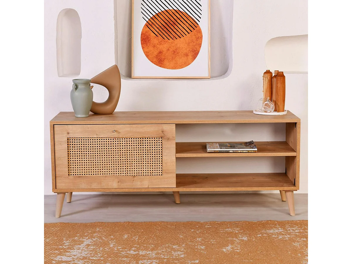 Meuble TV cannage 1 espace rangement 2 niches MARFA