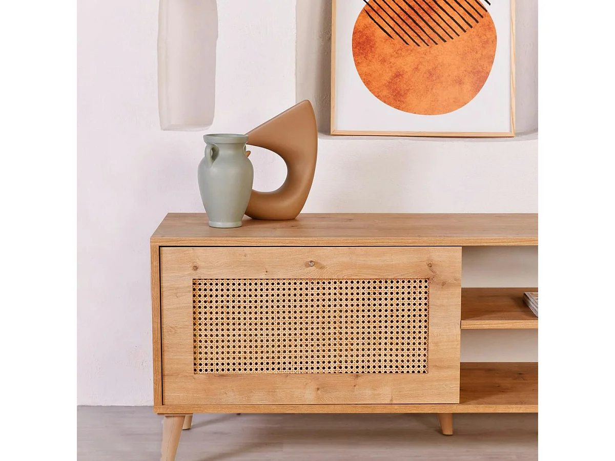 Meuble TV cannage 1 espace rangement 2 niches MARFA