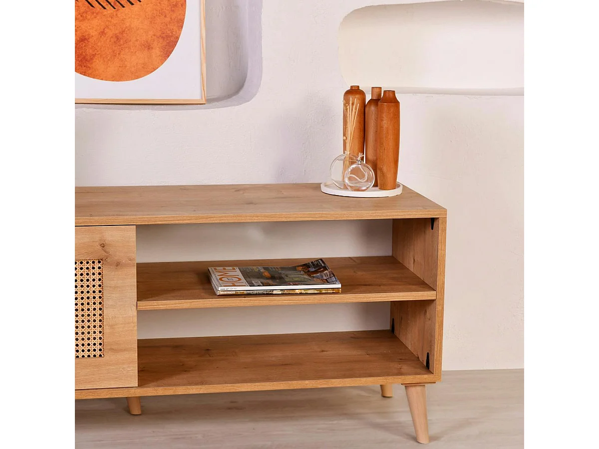 Meuble TV cannage 1 espace rangement 2 niches MARFA