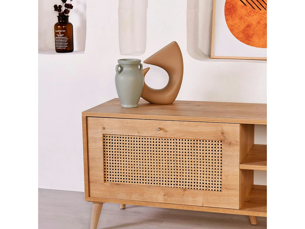 Meuble TV cannage 1 espace rangement 2 niches MARFA