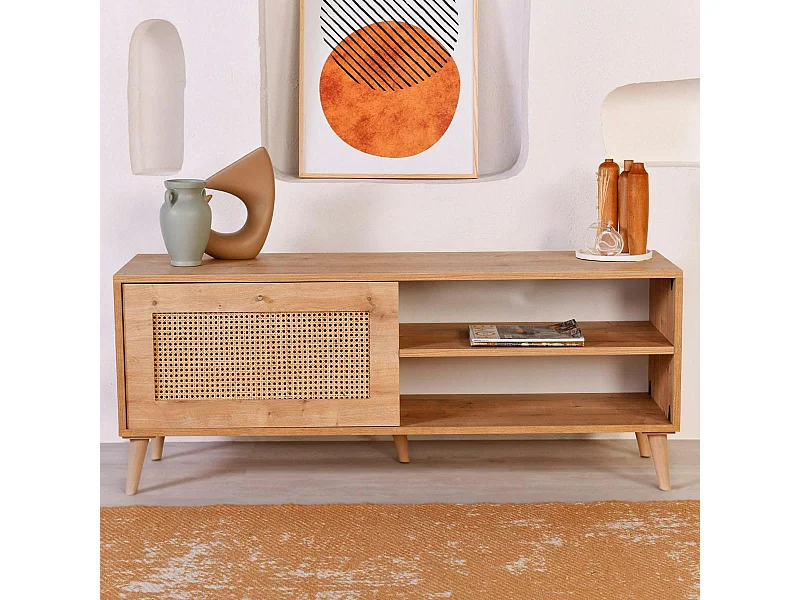 Meuble TV cannage 1 espace rangement 2 niches MARFA