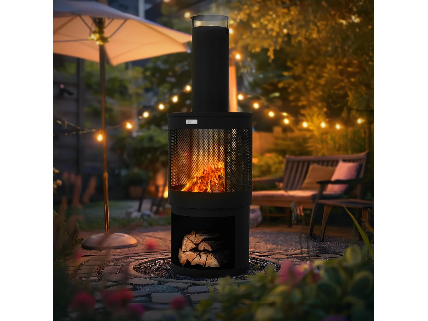 ML-Design Chimenea para jardín redonda 131 x Ø45 cm de acero negro, estufa para exterior con atizador, techo desmontable y compartimento para leña