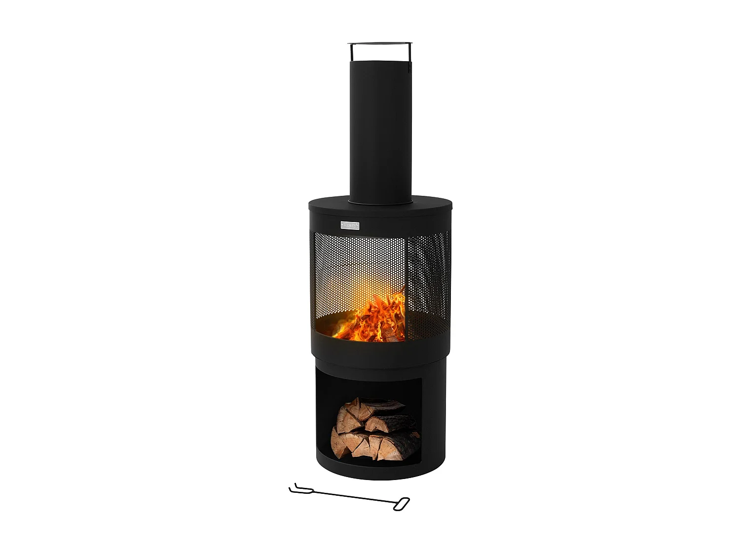 ML-Design Chimenea para jardín redonda 131 x Ø45 cm de acero negro, estufa para exterior con atizador, techo desmontable y compartimento para leña
