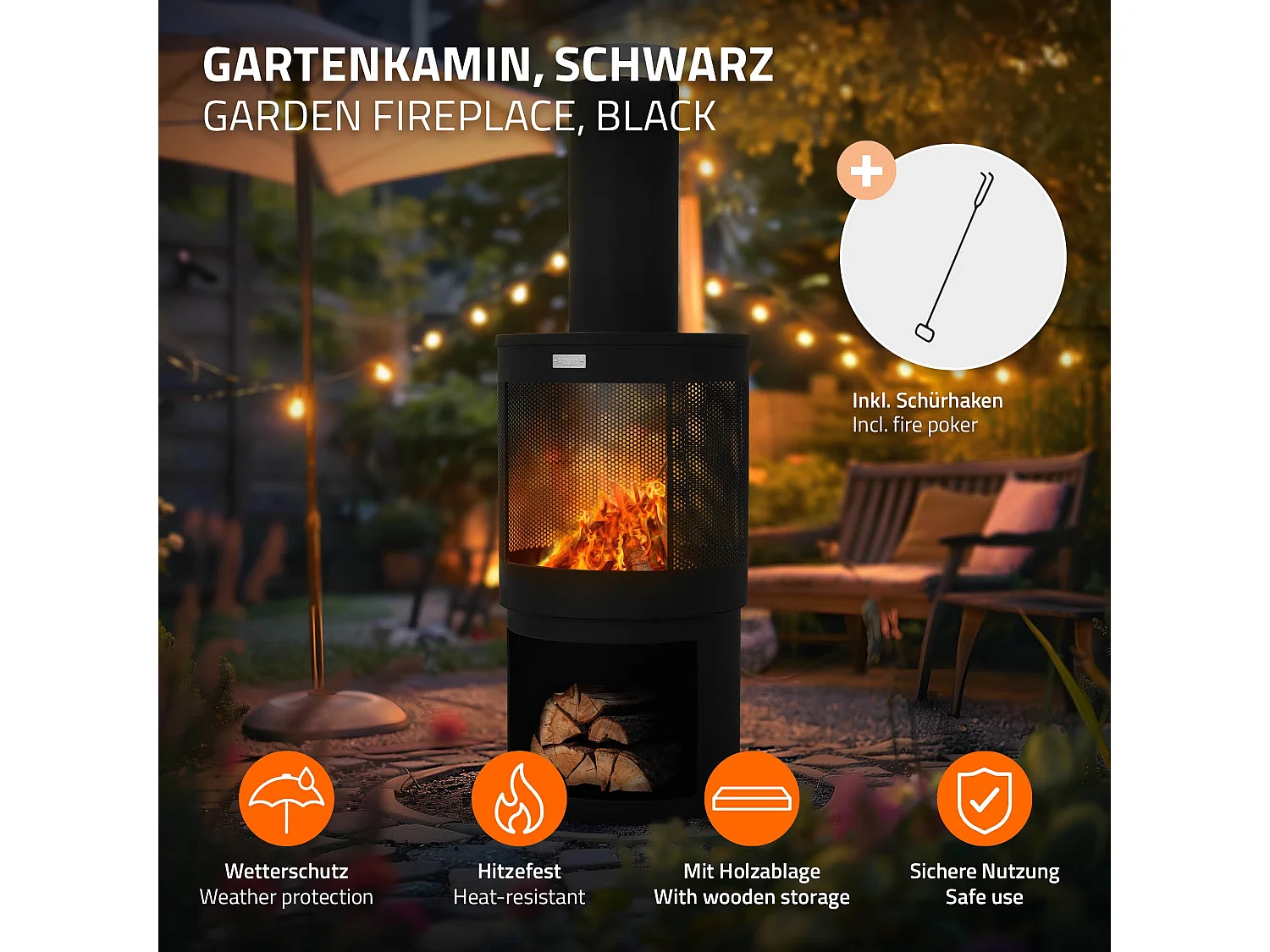 ML-Design Chimenea para jardín redonda 131 x Ø45 cm de acero negro, estufa para exterior con atizador, techo desmontable y compartimento para leña