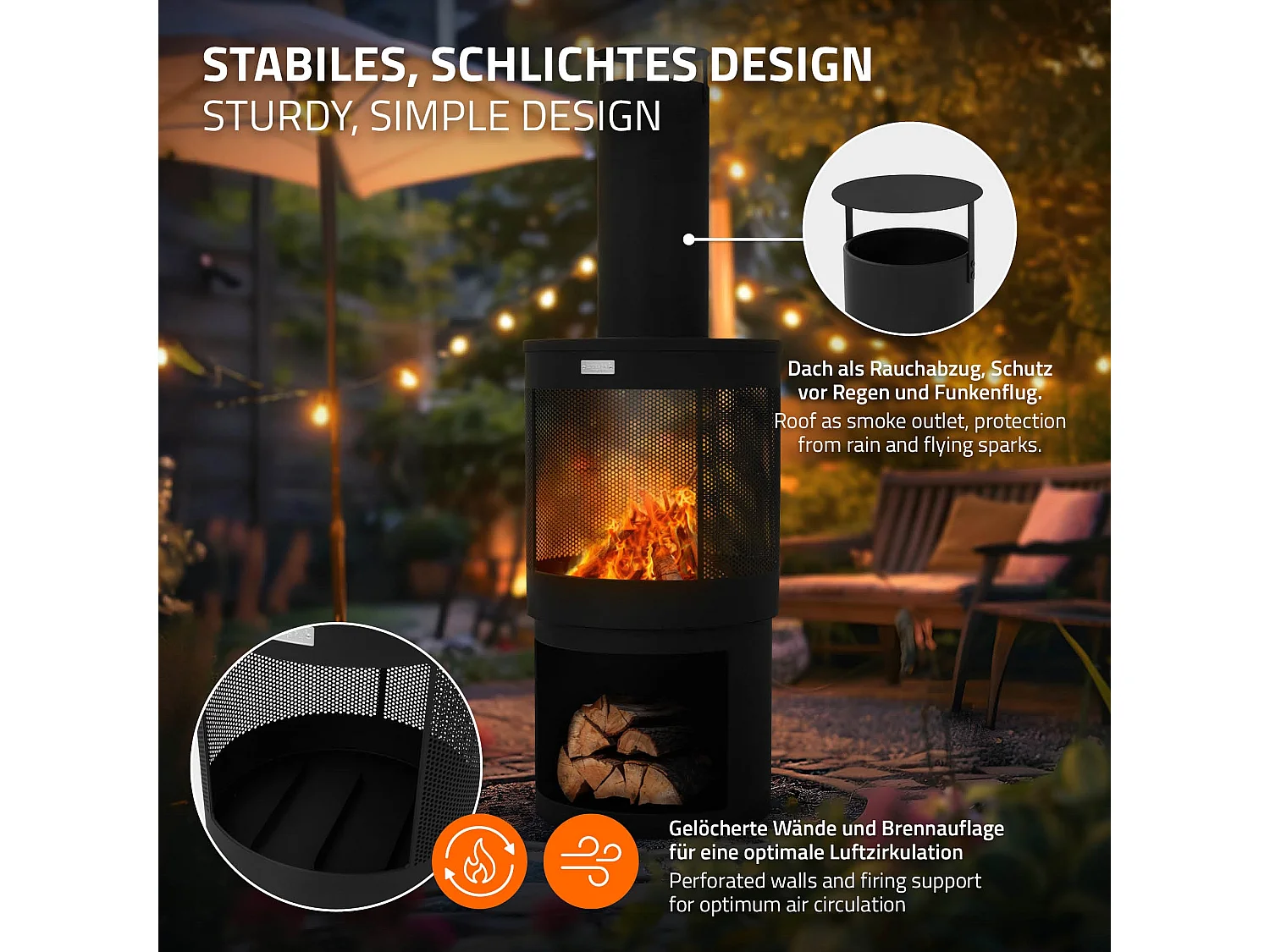 ML-Design Chimenea para jardín redonda 131 x Ø45 cm de acero negro, estufa para exterior con atizador, techo desmontable y compartimento para leña