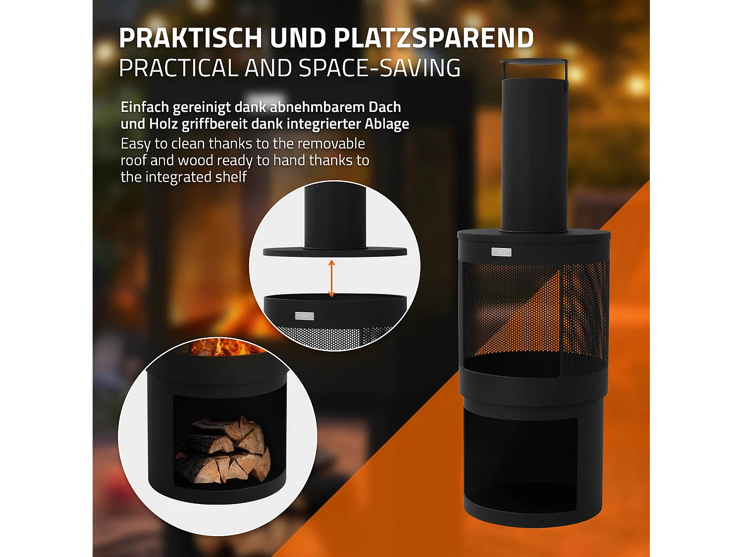 ML-Design Chimenea para jardín redonda 131 x Ø45 cm de acero negro, estufa para exterior con atizador, techo desmontable y compartimento para leña