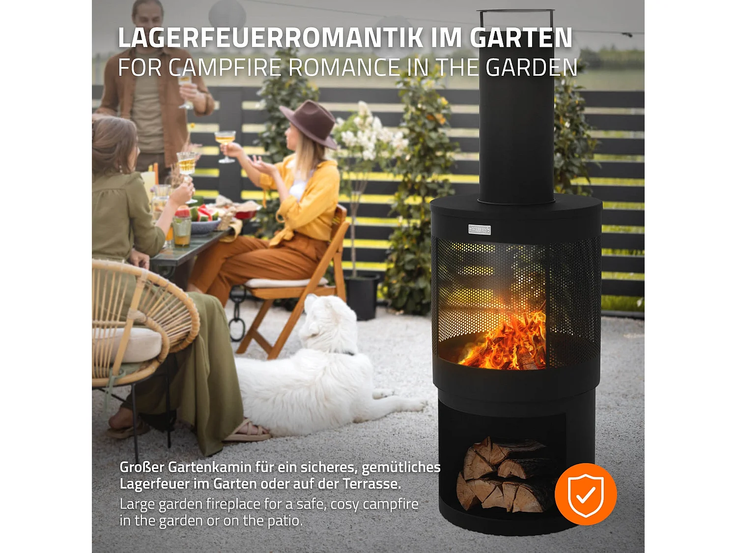 ML-Design Chimenea para jardín redonda 131 x Ø45 cm de acero negro, estufa para exterior con atizador, techo desmontable y compartimento para leña