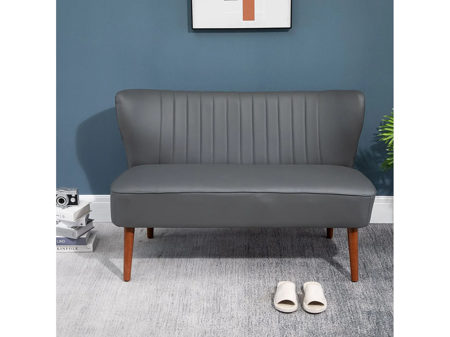 Easycomfort Divano A 2 Posti Dal Design Moderno, Telaio In Legno E Rivestimento In Pelle Sintetica Grigia, 108.5 X 61 X 79cm