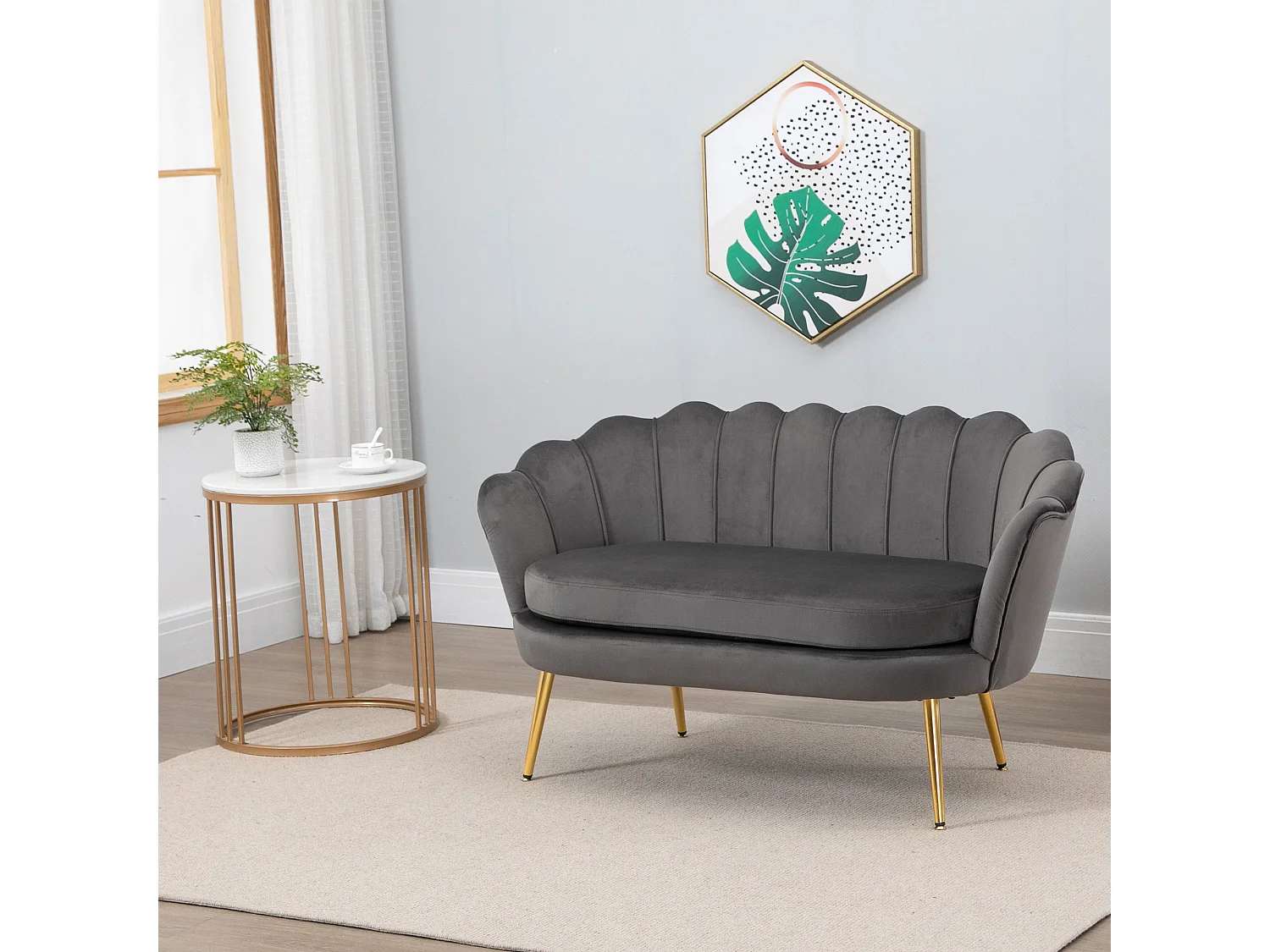 EasyComfort Divanetto 2 Posti in Tessuto Effetto Velluto con Braccioli, Divano Moderno con Seduta Imbottita per Camera da Letto e Soggiorno, 133x63x75cm, Grigio