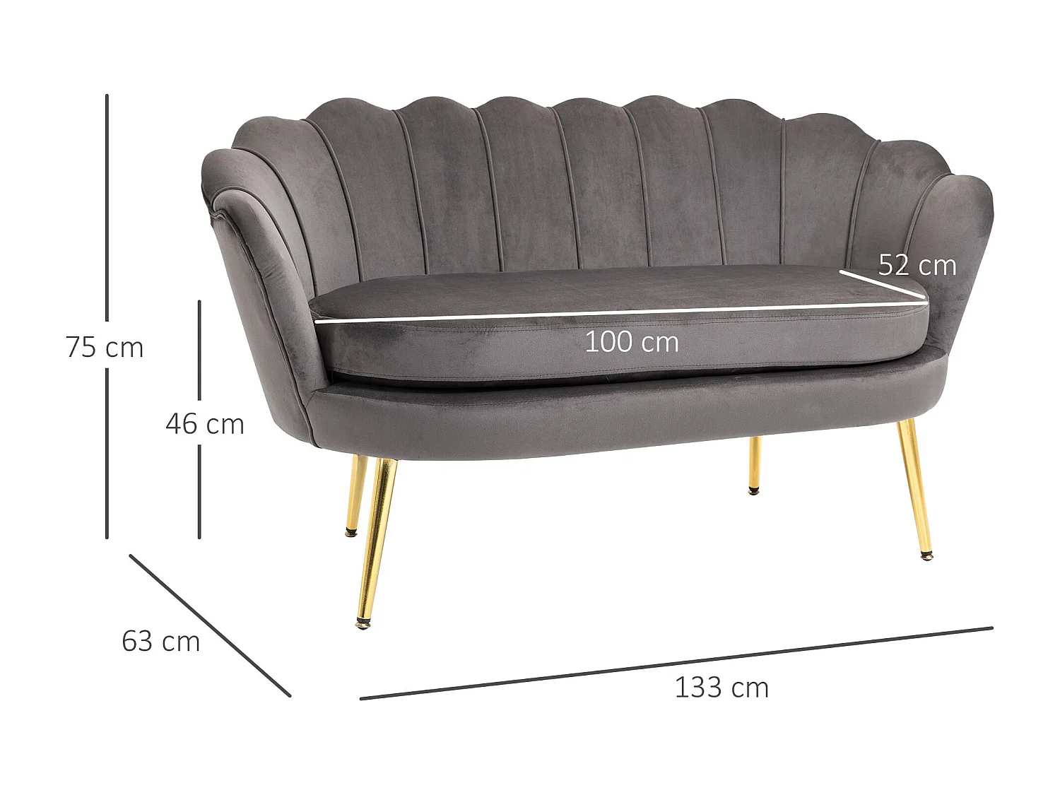EasyComfort Divanetto 2 Posti in Tessuto Effetto Velluto con Braccioli, Divano Moderno con Seduta Imbottita per Camera da Letto e Soggiorno, 133x63x75cm, Grigio