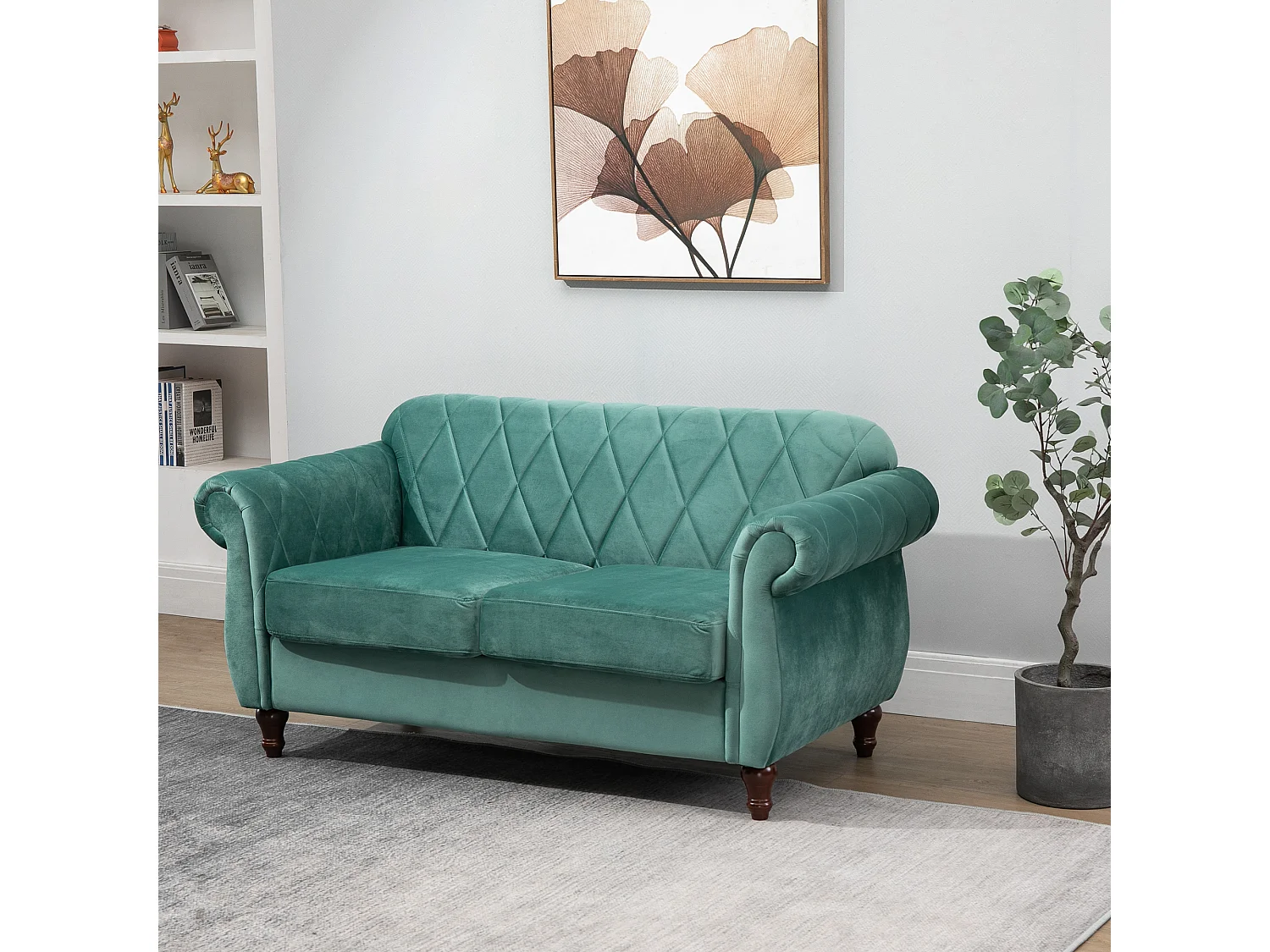 EasyComfort Divano 2 Posti Design Vintage Rétro in Legno e Velluto, 148 x 72 x 76 cm, Verde