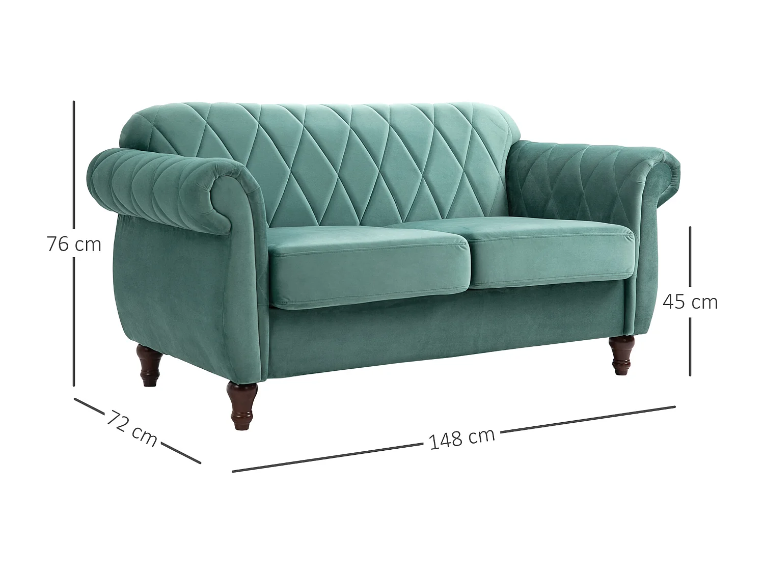 EasyComfort Divano 2 Posti Design Vintage Rétro in Legno e Velluto, 148 x 72 x 76 cm, Verde