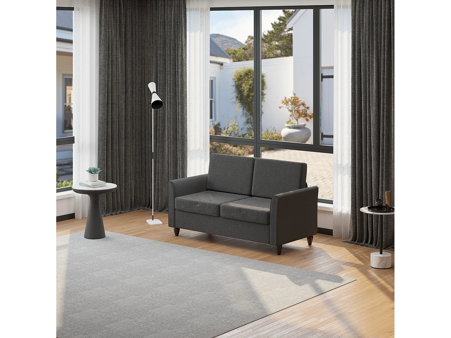 EasyComfort Divano a 2 Posti a Seduta Ampia con Cuscini Rimovibili da Salotto in Tessuto Effetto Lino e Gommapiuma, 141x70x78 cm, Grigio scuro e Nero