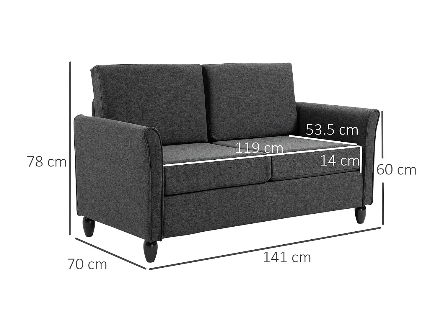 EasyComfort Divano a 2 Posti a Seduta Ampia con Cuscini Rimovibili da Salotto in Tessuto Effetto Lino e Gommapiuma, 141x70x78 cm, Grigio scuro e Nero