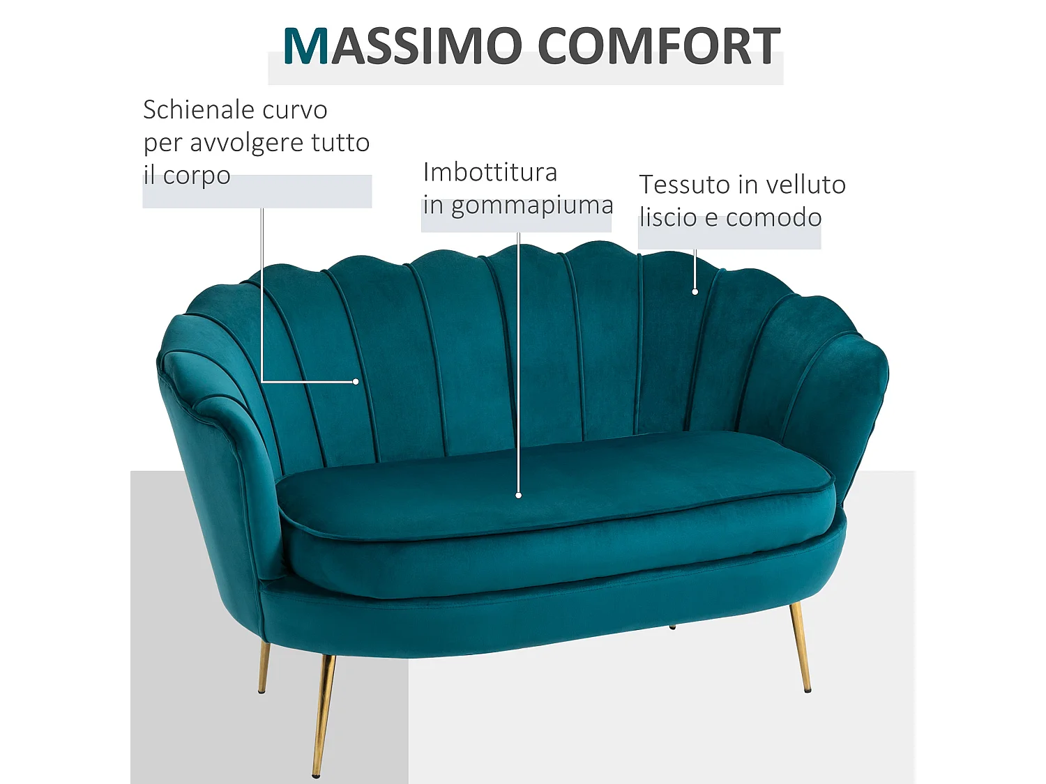 EasyComfort Divano Vintage 2 Posti Industrial Chic, in Tessuto Effetto Velluto e Metallo, 130x77x77 cm, Alzavola e Oro