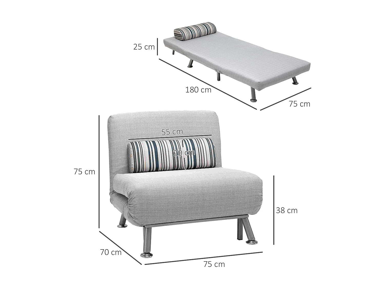 Easycomfort Poltrona Letto Singolo, Poltrona Con Materasso E Cuscino Imbottito Sfoderabili - Schienale Regolabile 90-180° E Telaio In Metallo - 75x70