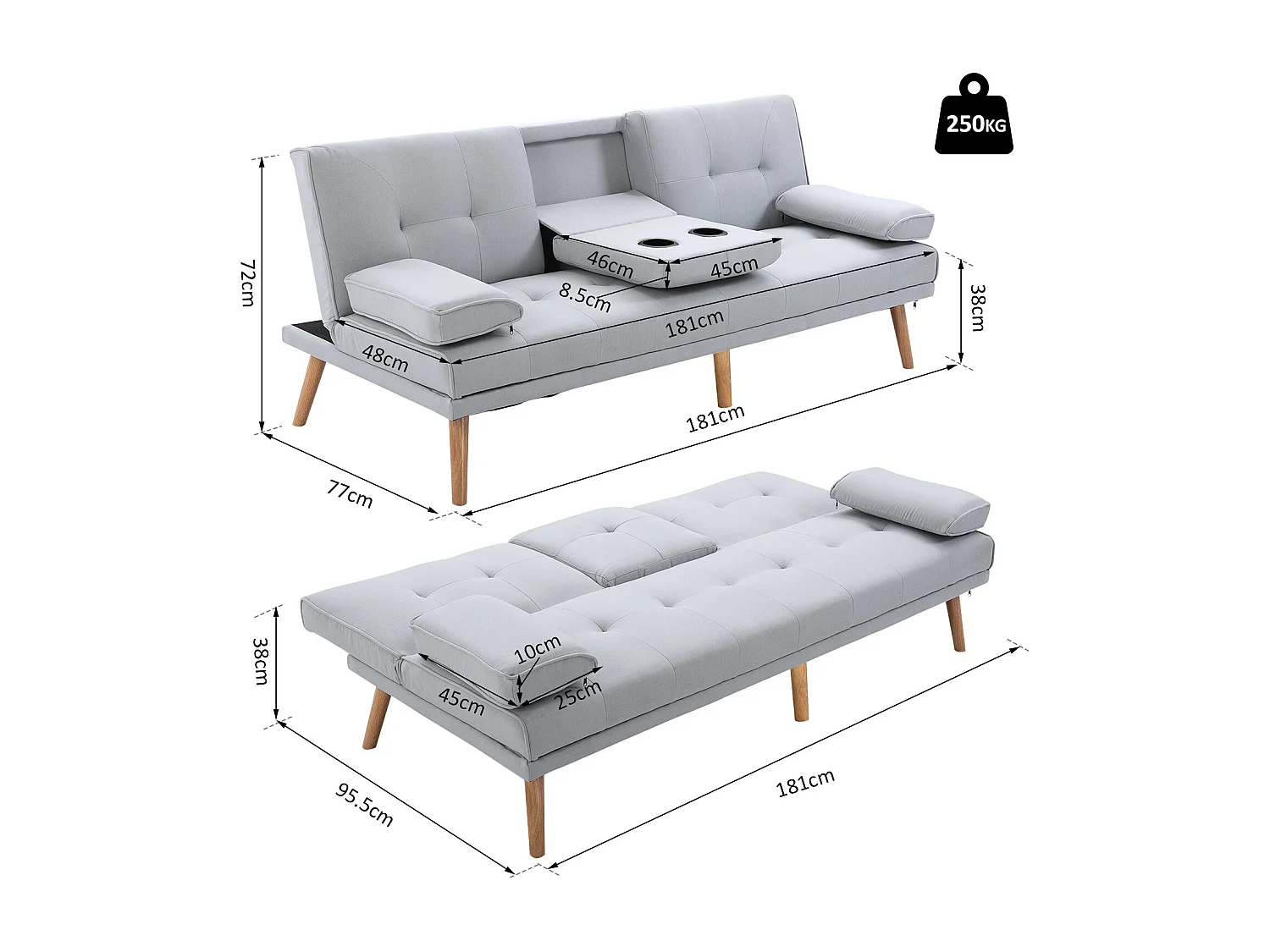 EasyComfort Divano Letto 3 Posti Stile Scandinavo Reclinabile con Tavolino a Ribalta, 181x77x88 cm, Grigio