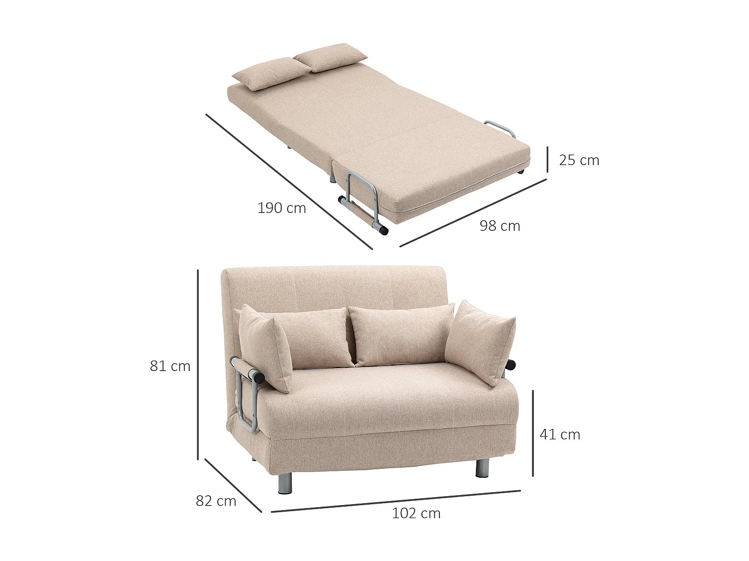 EasyComfort Divano Letto 2 Posti 3 in 1 Convertibile in Poltrona Reclinabile e 4 Cuscini, 102x82x81 cm, Beige