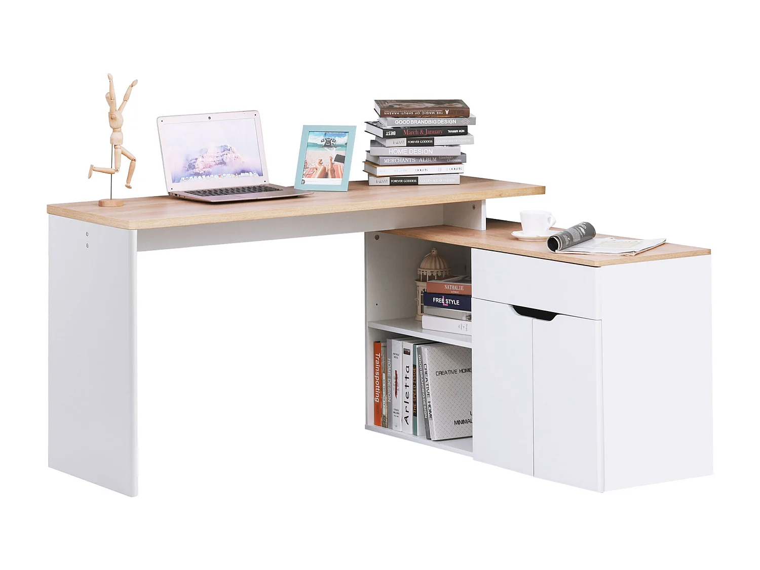 EasyComfort Scrivania Angolare con Libreria a 2 Ripiani, Armadietto e Cassetto, 140x117x76 cm, color Legno e Bianco