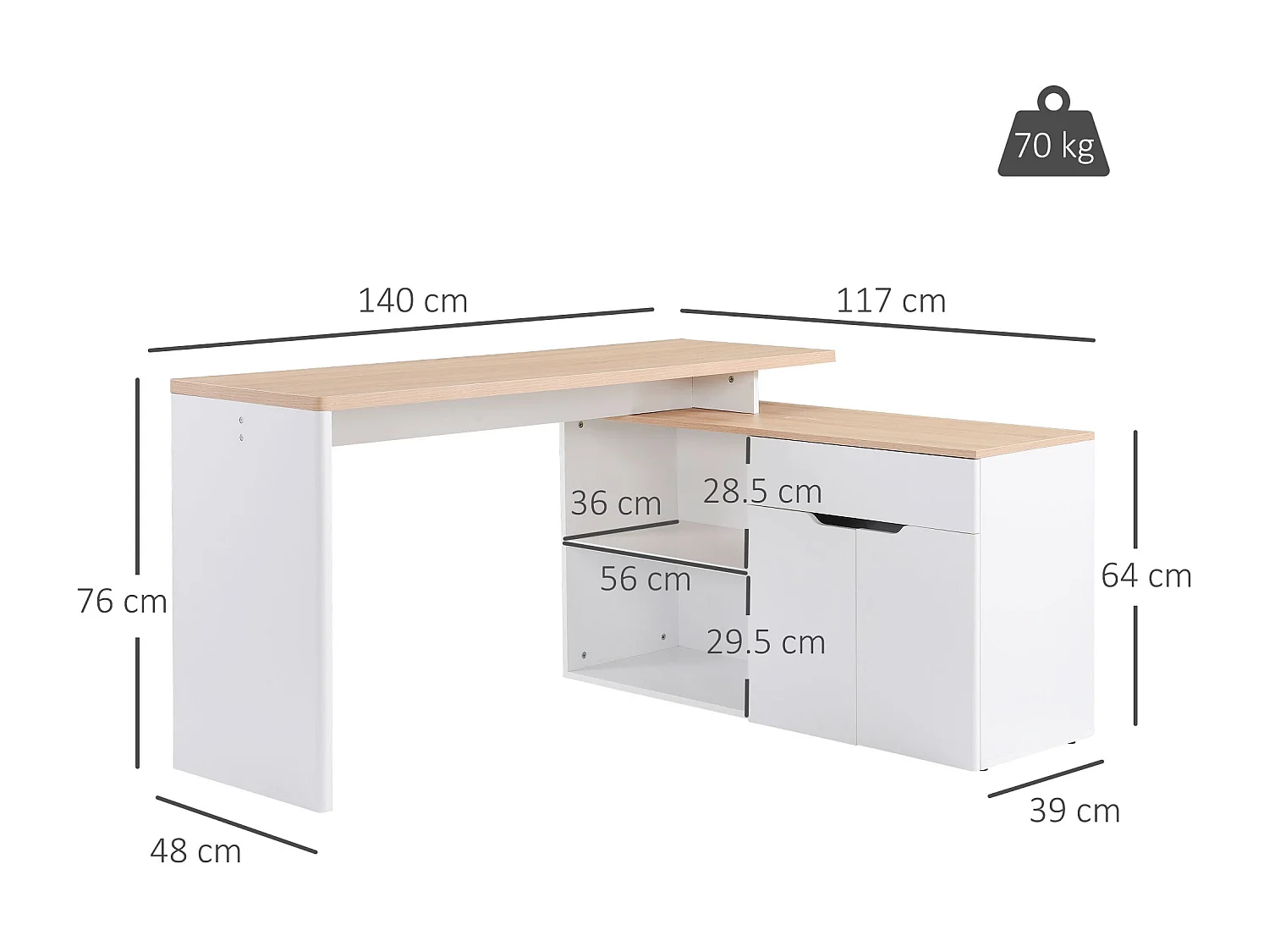 EasyComfort Scrivania Angolare con Libreria a 2 Ripiani, Armadietto e Cassetto, 140x117x76 cm, color Legno e Bianco