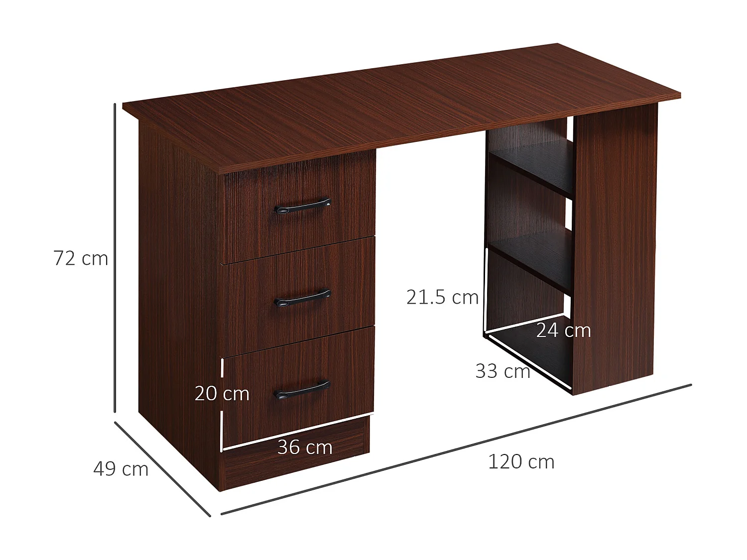 EasyComfort Scrivania per Ufficio con 3 Cassetti e 3 Ripiani Aperti in Legno, 120x49x72cm, Noce