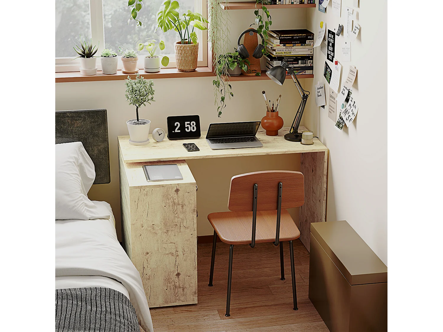 EasyComfort Scrivania Angolare per PC con 3 Cassetti e Ripiani Aperti, in Legno e Metallo, 117x83.5x76 cm, Noce