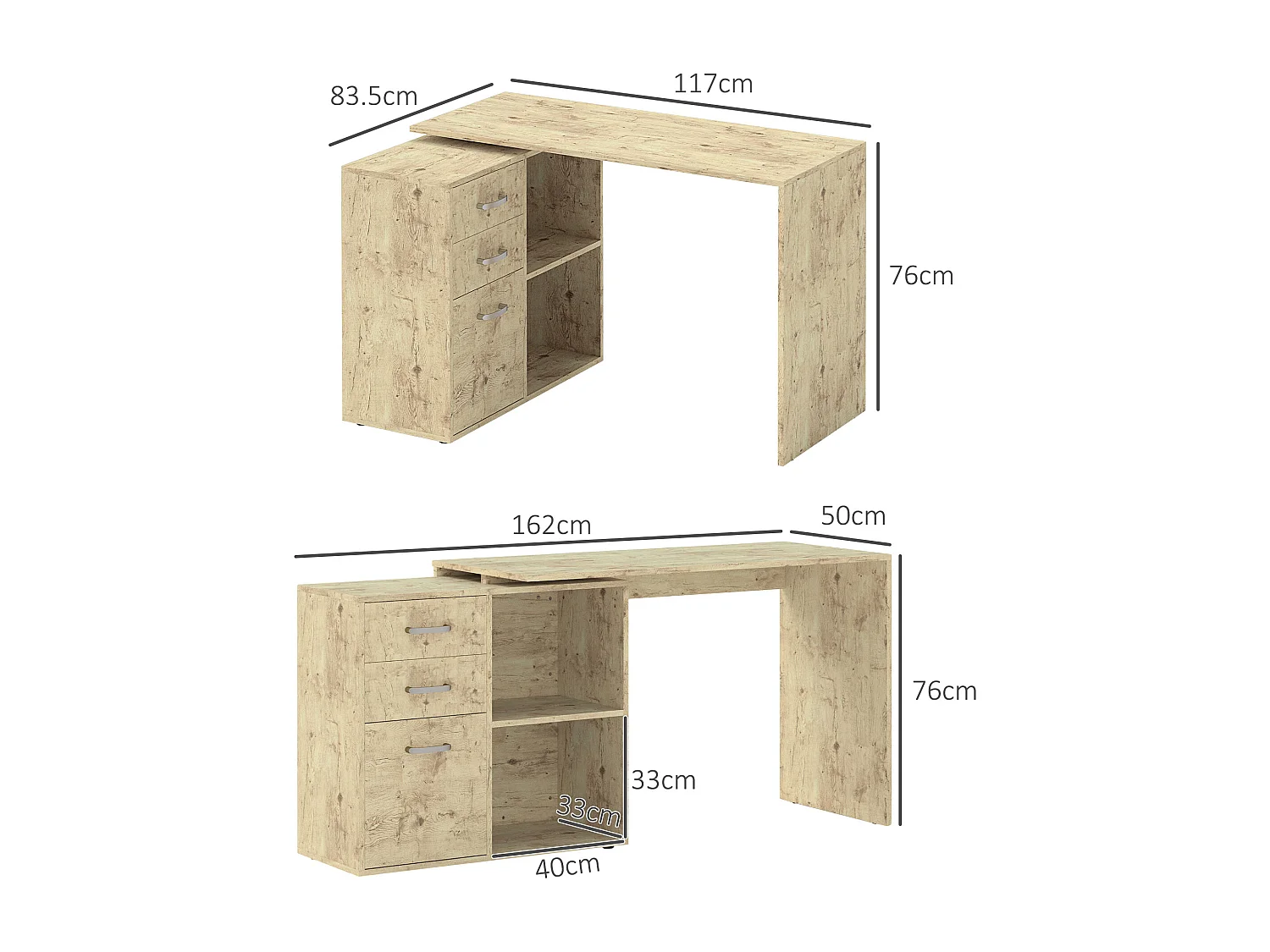 EasyComfort Scrivania Angolare per PC con 3 Cassetti e Ripiani Aperti, in Legno e Metallo, 117x83.5x76 cm, Noce
