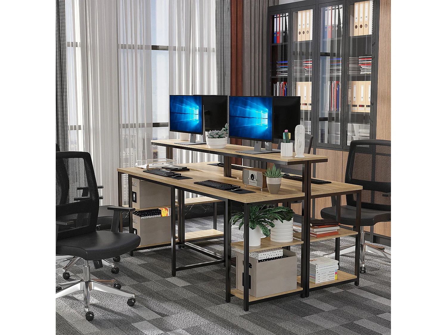 EasyComfort Scrivania Doppia con Scaffali e Mensola per Monitor in Stile Industriale, Scrivania con Libreria Salvaspazio per Ufficio e Studio in Meta