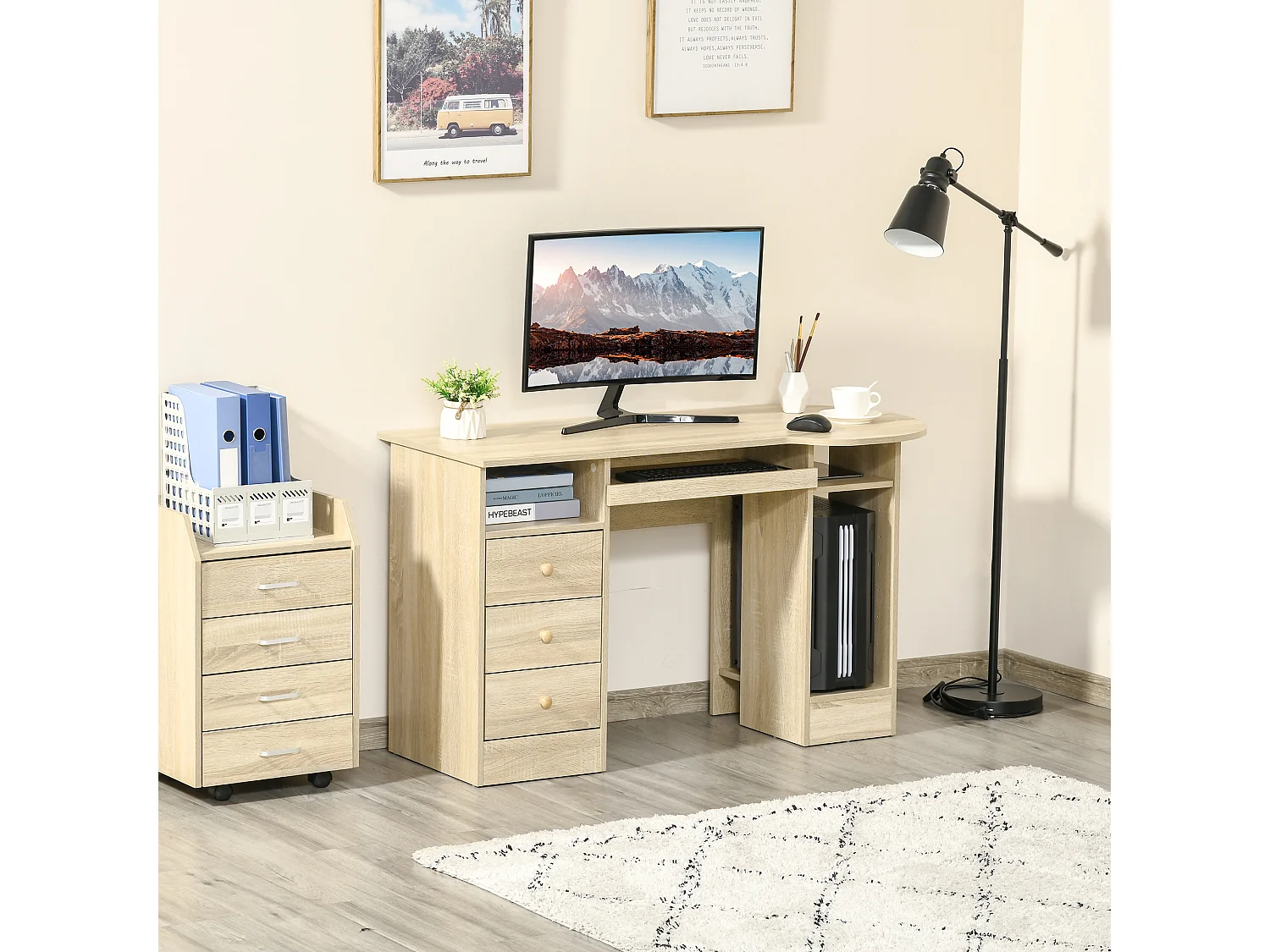 EasyComfort Scrivania da PC per Ufficio con Scaffali, Cassetti e Ripiano Testiera in Legno, 125x60x74cm