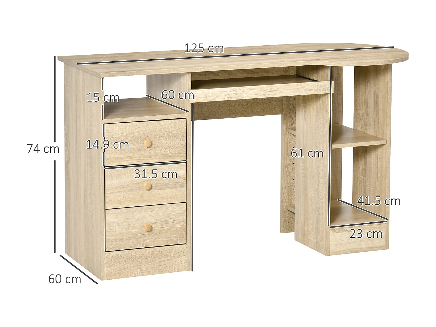 EasyComfort Scrivania da PC per Ufficio con Scaffali, Cassetti e Ripiano Testiera in Legno, 125x60x74cm