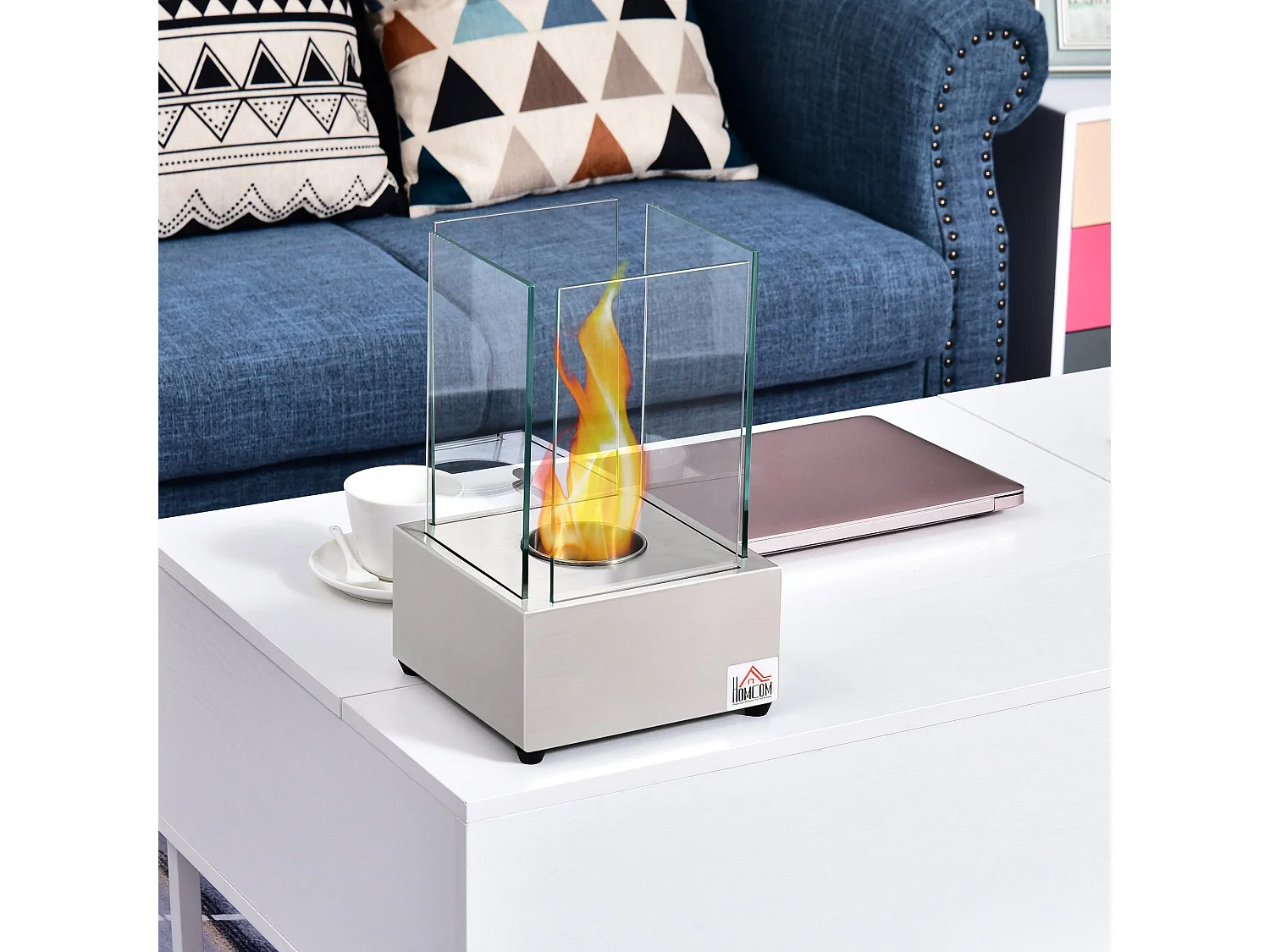 EasyComfort Camino a Bioetanolo da Tavolo con Bruciatore da 0.4L, Biocamino in Acciaio e Vetro per Interni ed Esterni, 20x20x33cm, Argento