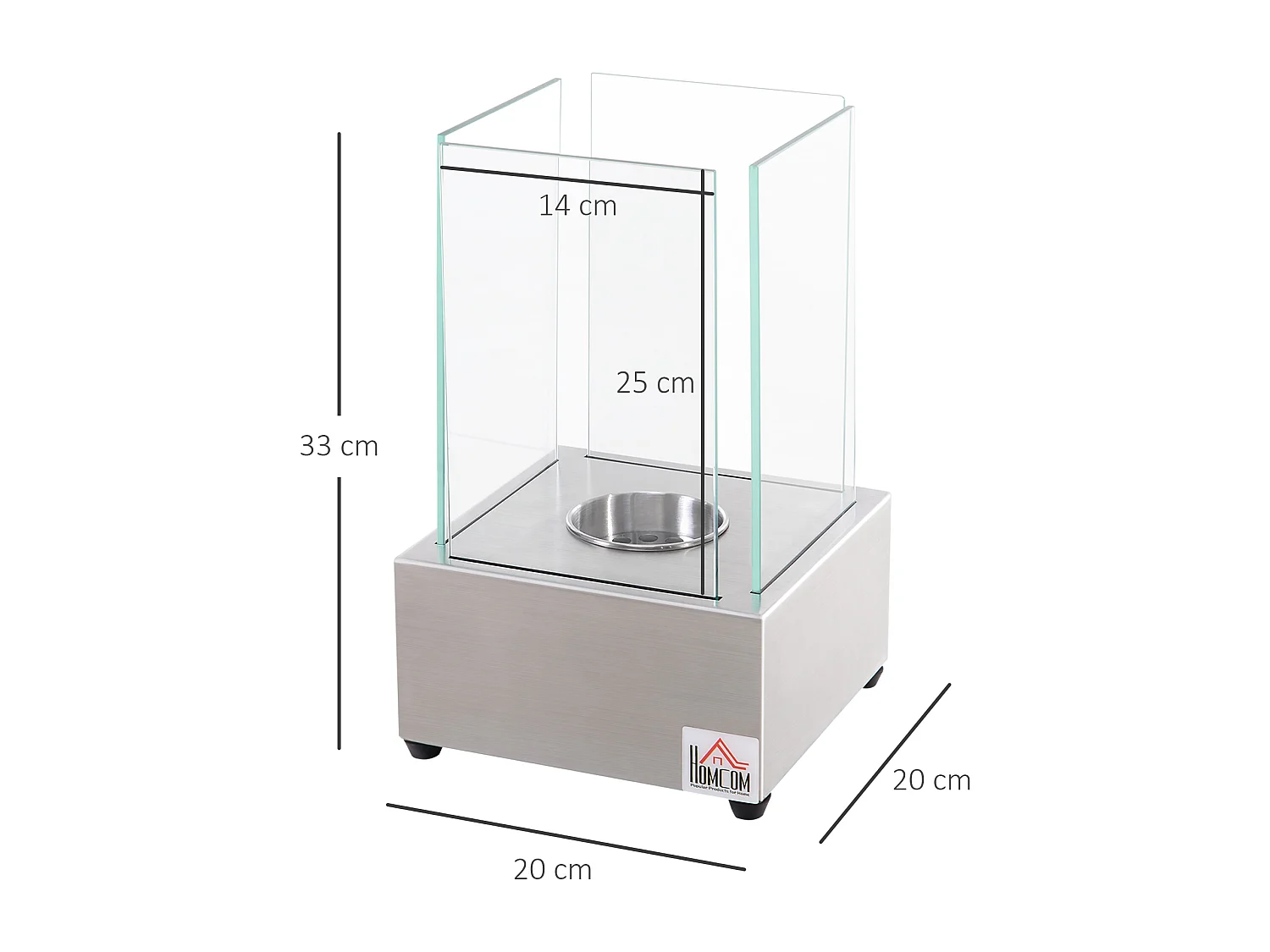 EasyComfort Camino a Bioetanolo da Tavolo con Bruciatore da 0.4L, Biocamino in Acciaio e Vetro per Interni ed Esterni, 20x20x33cm, Argento