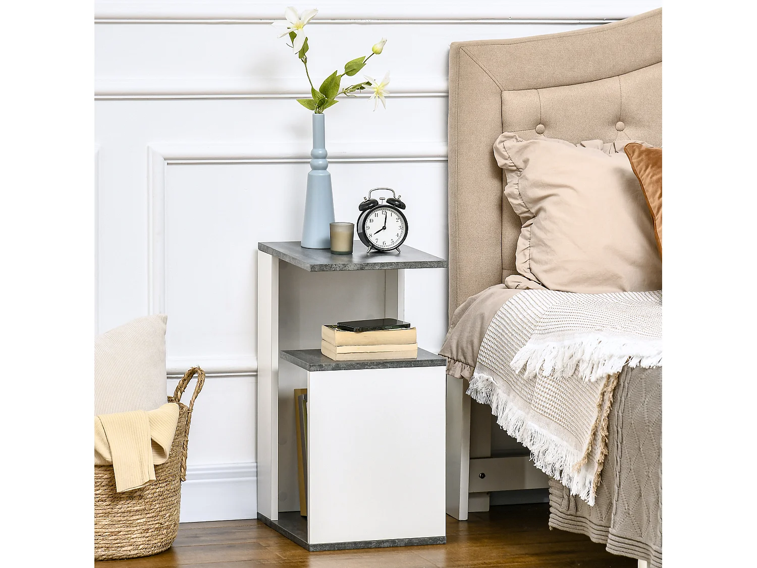 EasyComfort Comodino con Ripiano Aperto in Truciolato dal Design Irregolare, 35x29.5x60 cm, Grigio e Bianco