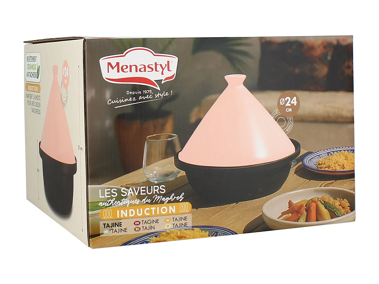 Menastyl - Tajine D24cm Fond Alu Induction Couvercle En Céramique Rose