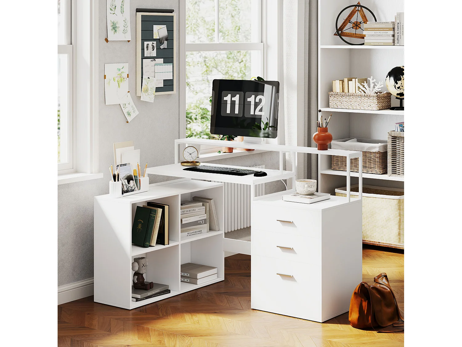 EasyComfort Scrivania Ufficio con 2 Tavoli, 4 Ripiani, 3 Cassetti e Supporto per Monitor, in Legno, 138.5x90x92 cm, Bianco