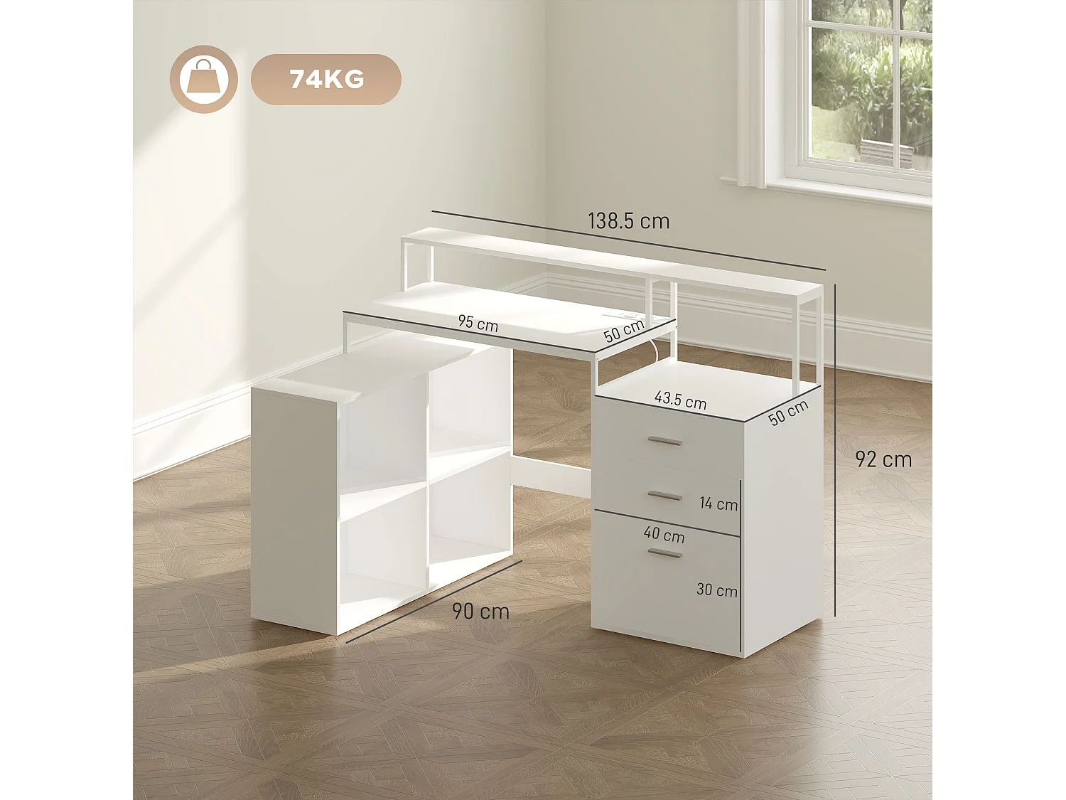 EasyComfort Scrivania Ufficio con 2 Tavoli, 4 Ripiani, 3 Cassetti e Supporto per Monitor, in Legno, 138.5x90x92 cm, Bianco