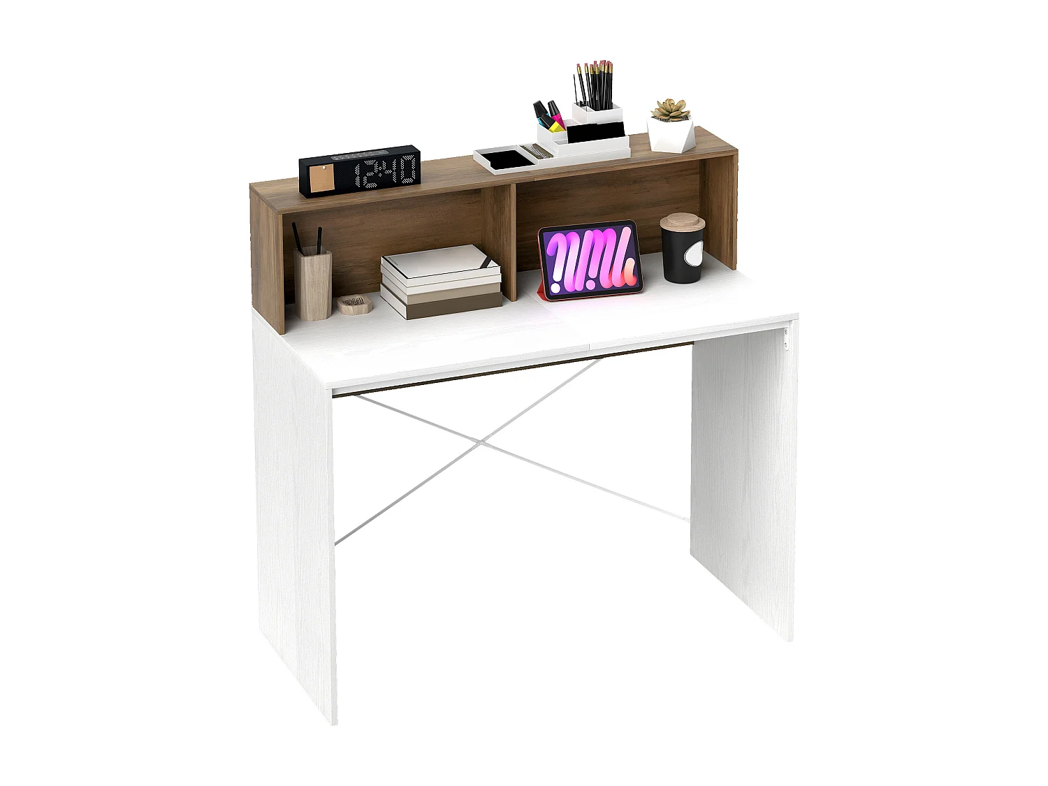 EasyComfort Scrivania PC Moderna con Piano Rialzato e 2 Ripiani, in Truciolato, 110x50x102.6 cm, Bianco, Marrone e Noce