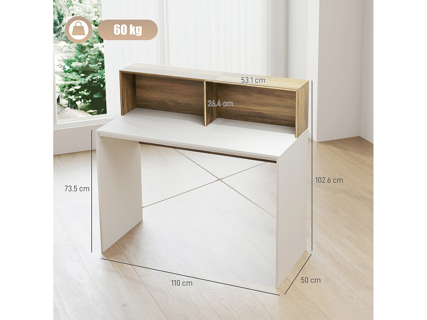 EasyComfort Scrivania PC Moderna con Piano Rialzato e 2 Ripiani, in Truciolato, 110x50x102.6 cm, Bianco, Marrone e Noce