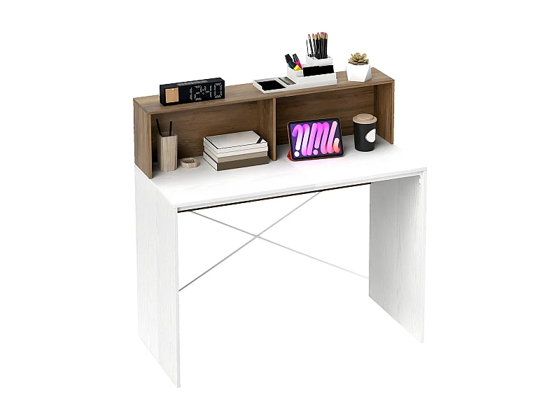 EasyComfort Scrivania PC Moderna con Piano Rialzato e 2 Ripiani, in Truciolato, 110x50x102.6 cm, Bianco, Marrone e Noce