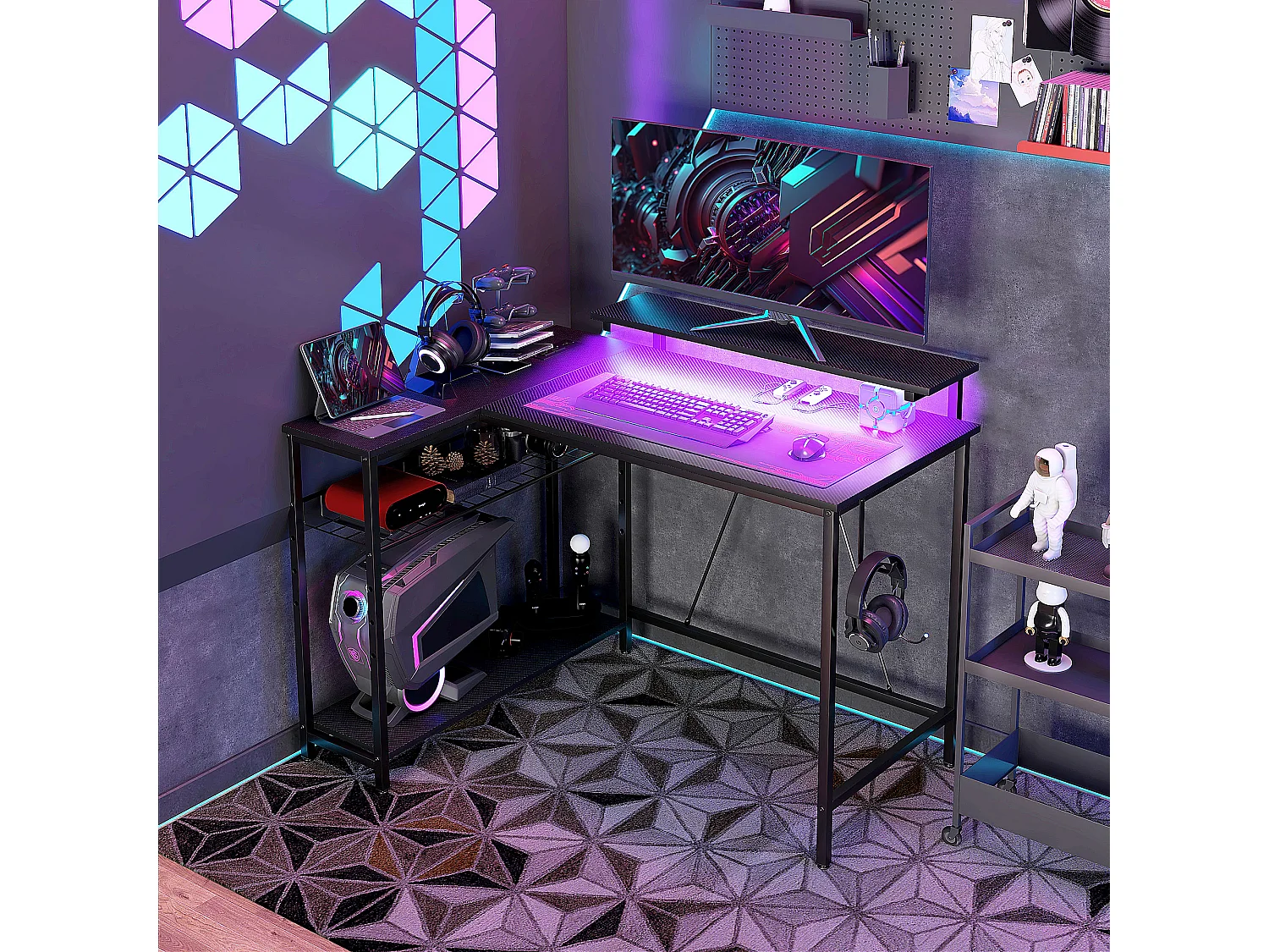 EasyComfort Scrivania Angolare Reversibile con LED, Prese di Corrente e Prese USB, Ripiani e Supporto Monitor, Nero