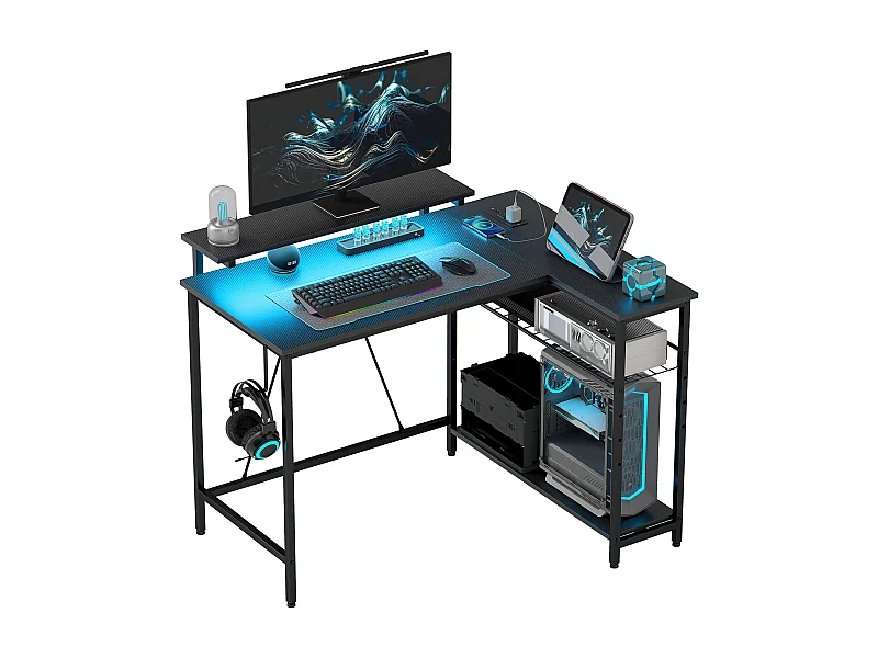 EasyComfort Scrivania Angolare Reversibile con LED, Prese di Corrente e Prese USB, Ripiani e Supporto Monitor, Nero