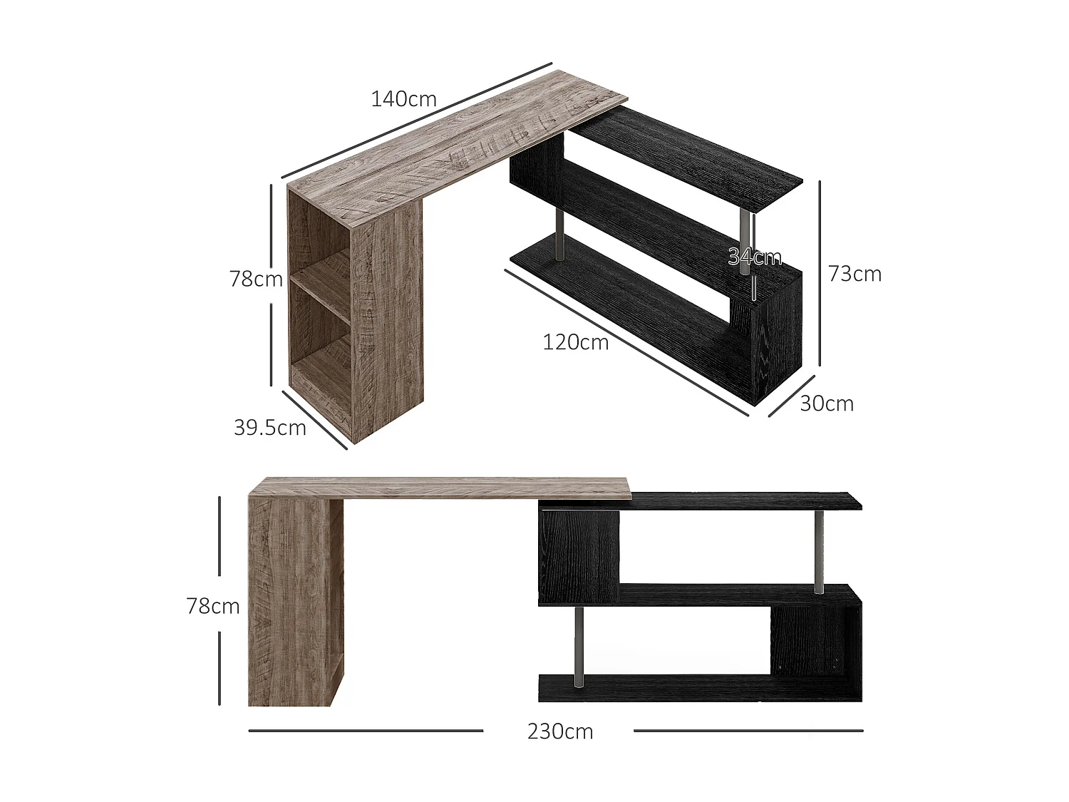 EasyComfort Scrivania Angolare Salvaspazio con Ripiano a S, in Legno, 140x120x78 cm, Grigio effetto Legno