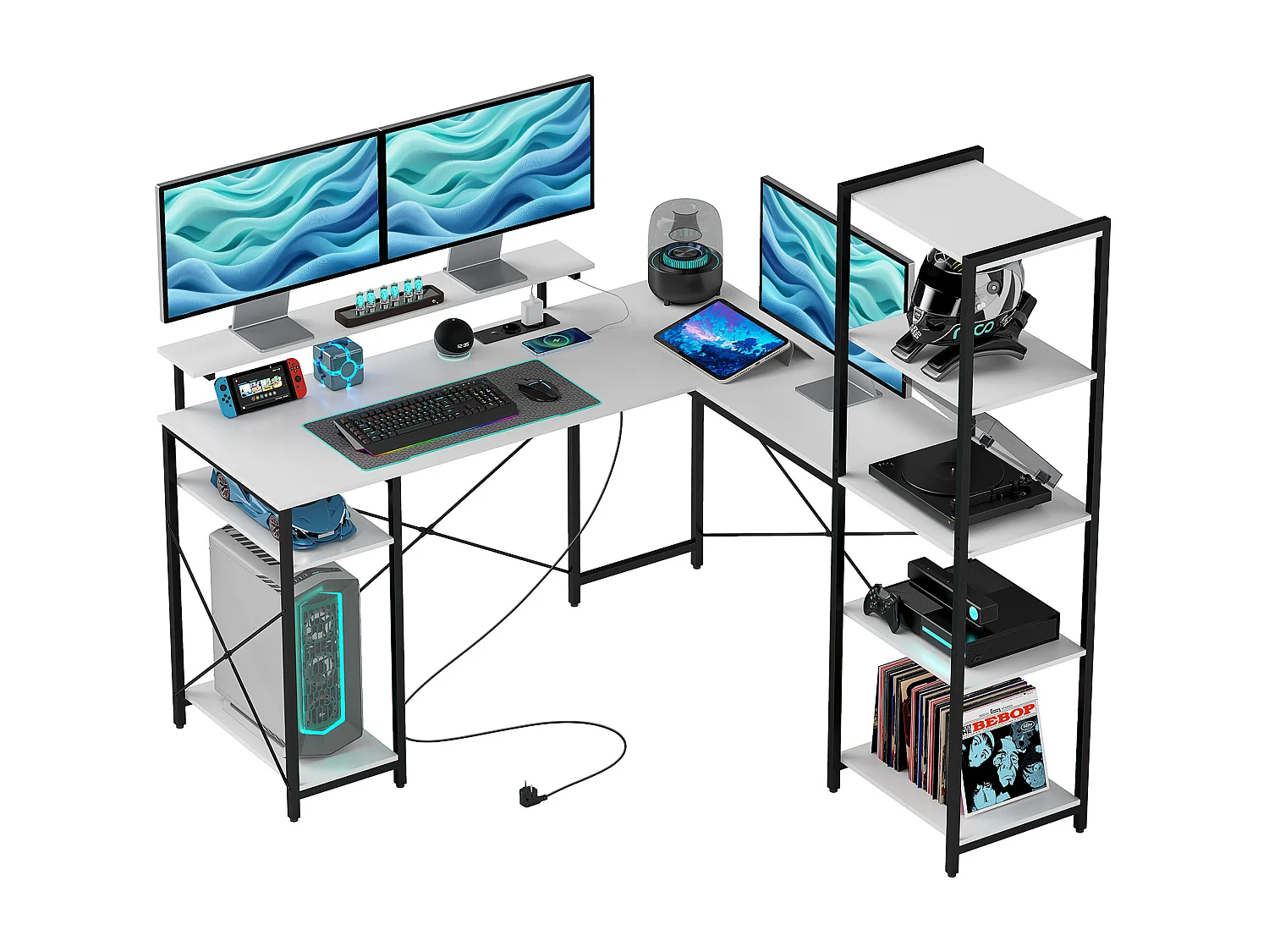 EasyComfort Scrivania Angolare con Presa Elettrica e USB, Scaffale e Supporto per Monitor, Bianco e Nero