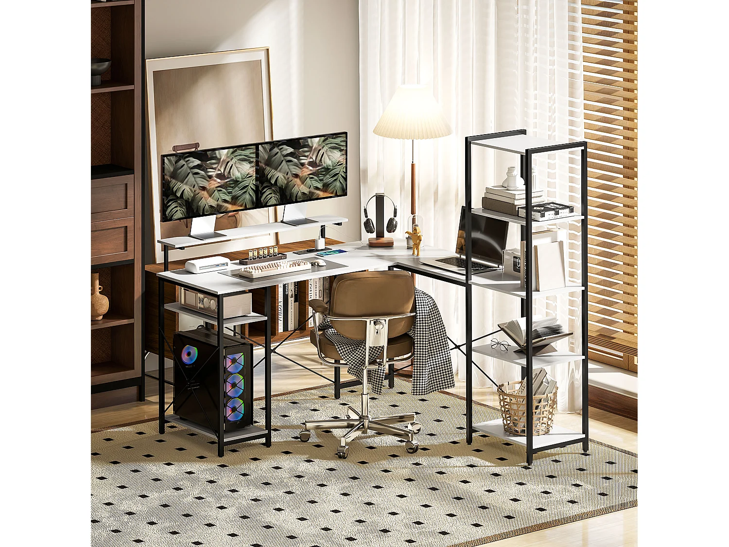 EasyComfort Scrivania Angolare con Presa Elettrica e USB, Scaffale e Supporto per Monitor, Bianco e Nero