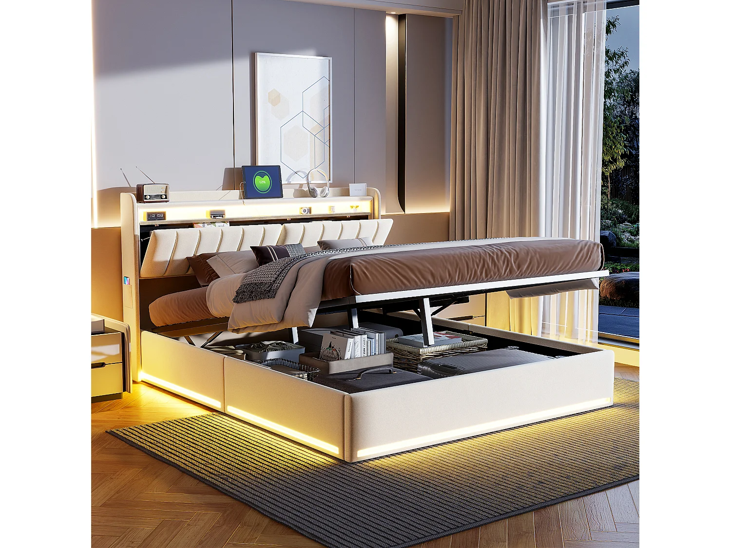 Lit coffre 160x200 cm en velours beige avec LED RGB, tête de lit avec rangement et ports USB & USB-C