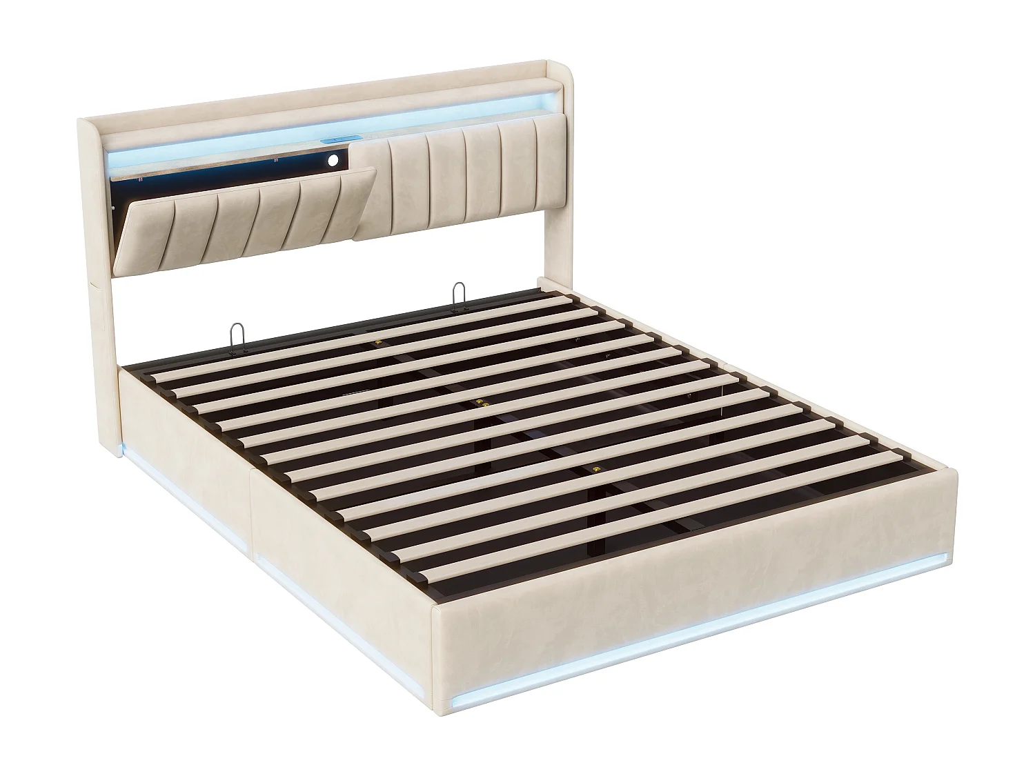 Lit coffre 160x200 cm en velours beige avec LED RGB, tête de lit avec rangement et ports USB & USB-C