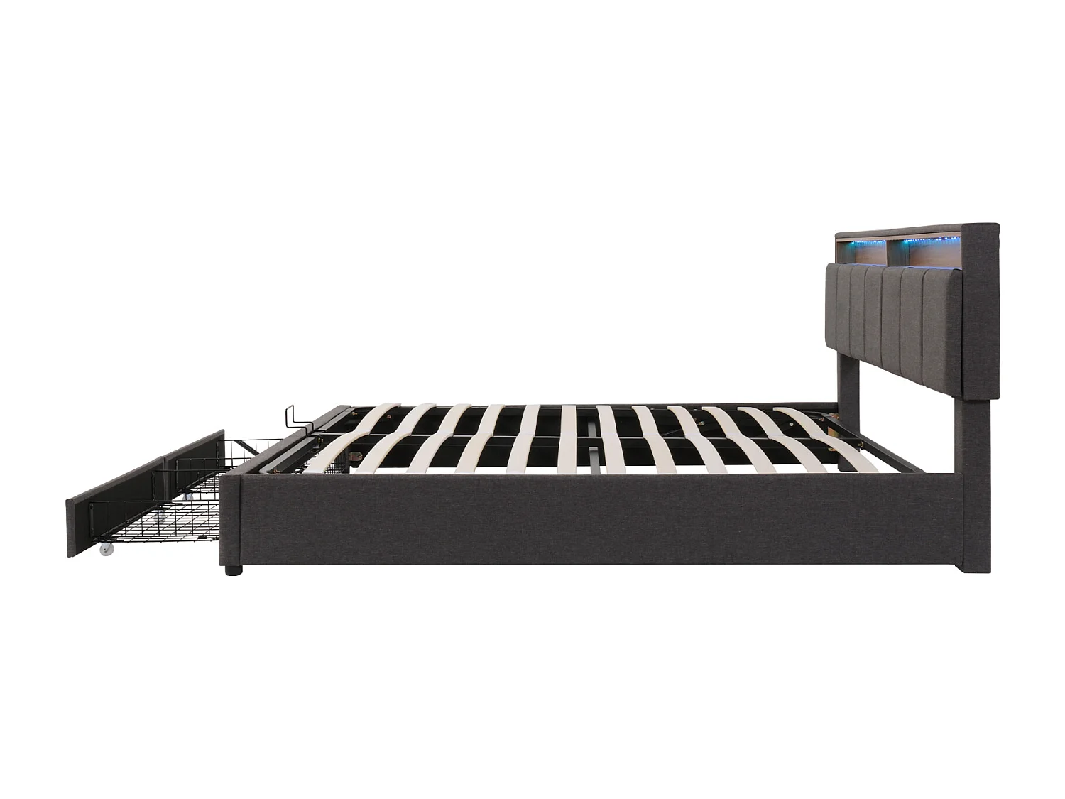 Hydraulisches Stauraumbett 160x200 cm in grauem Leinen mit integrierten LEDs, ausziehbarem Kopfteil, 2 Schubladen und Staufächern