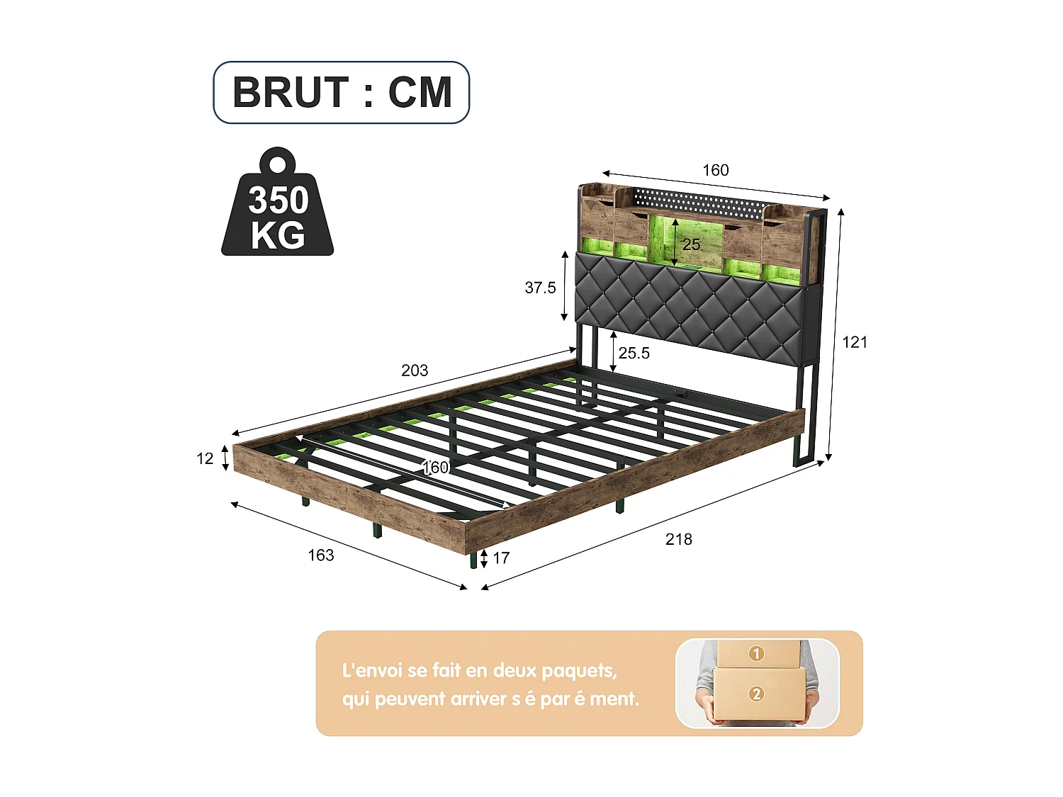 Bed van 160x200 cm met hoofdeinde, plank, geïntegreerde opbergruimte, ledverlichting en metalen frame - Maximale belasting 350 kg