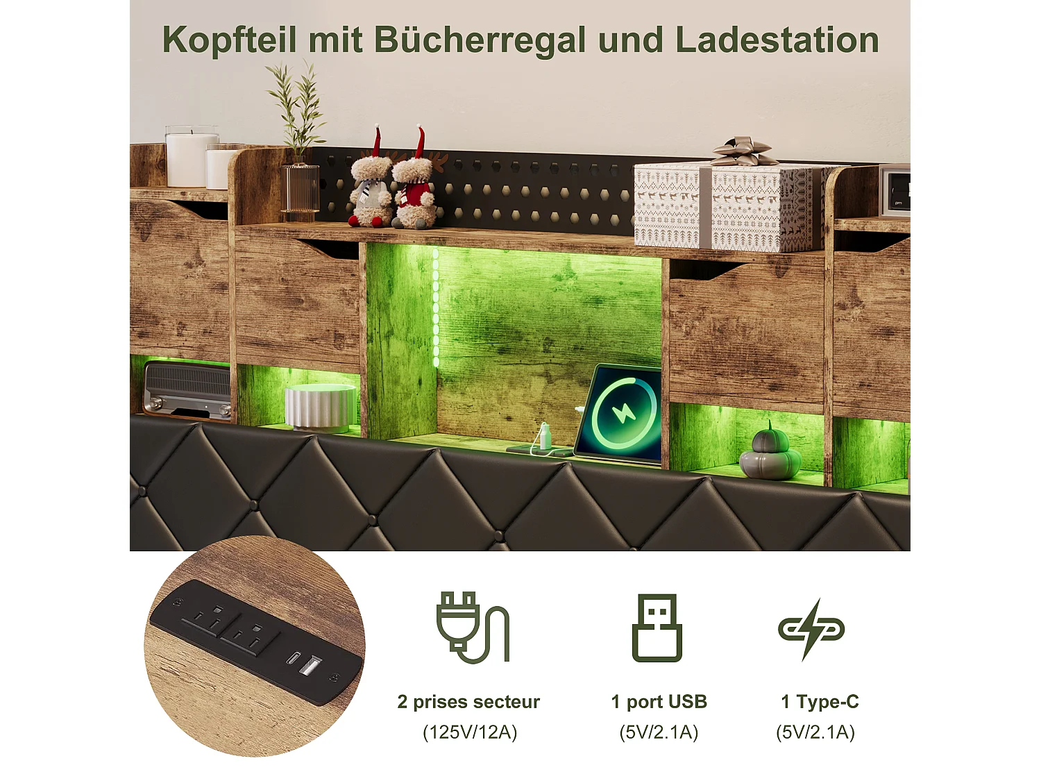 Bed van 160x200 cm met hoofdeinde, plank, geïntegreerde opbergruimte, ledverlichting en metalen frame - Maximale belasting 350 kg